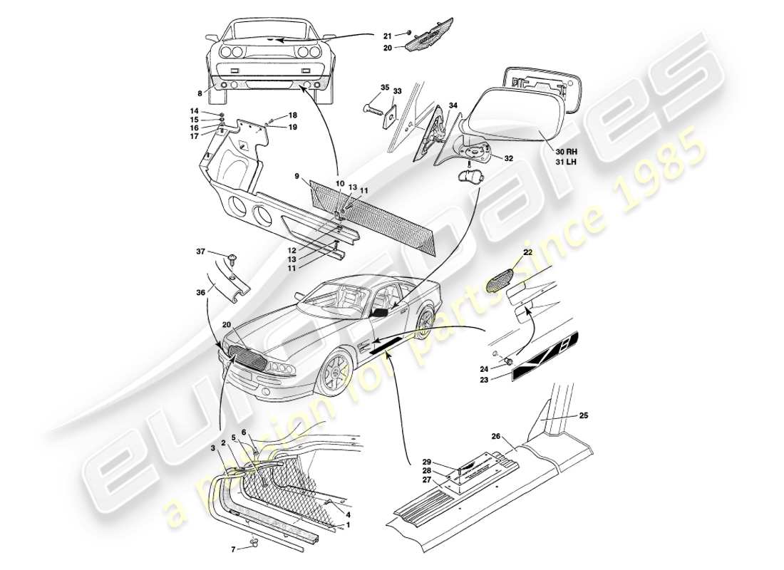 aston martin v8 coupe (1999) accesorios para el cuerpo diagrama de piezas