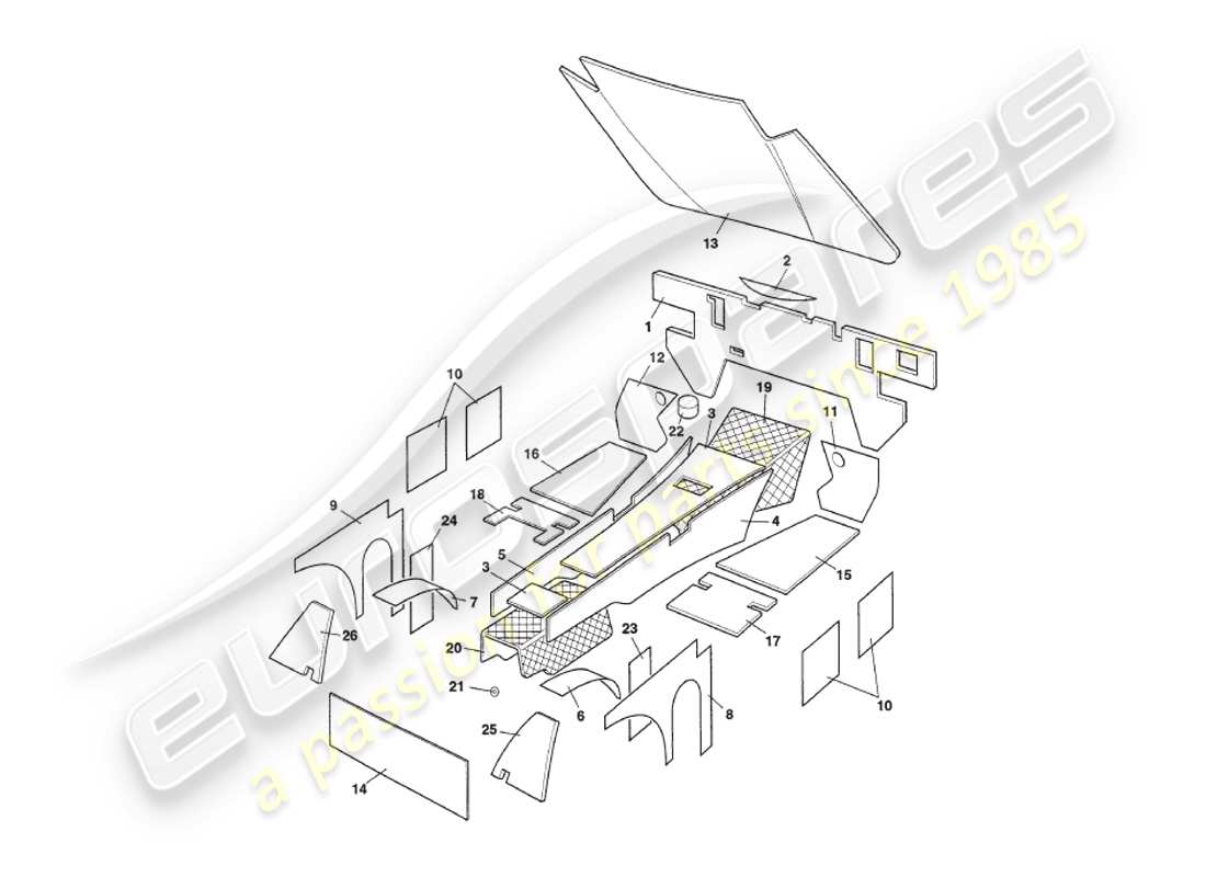 aston martin v8 coupe (1999) diagrama de piezas de insonorización