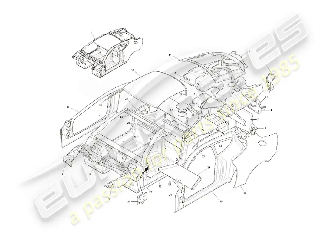 aston martin vanquish (2002) estructura del cuerpo diagrama de piezas