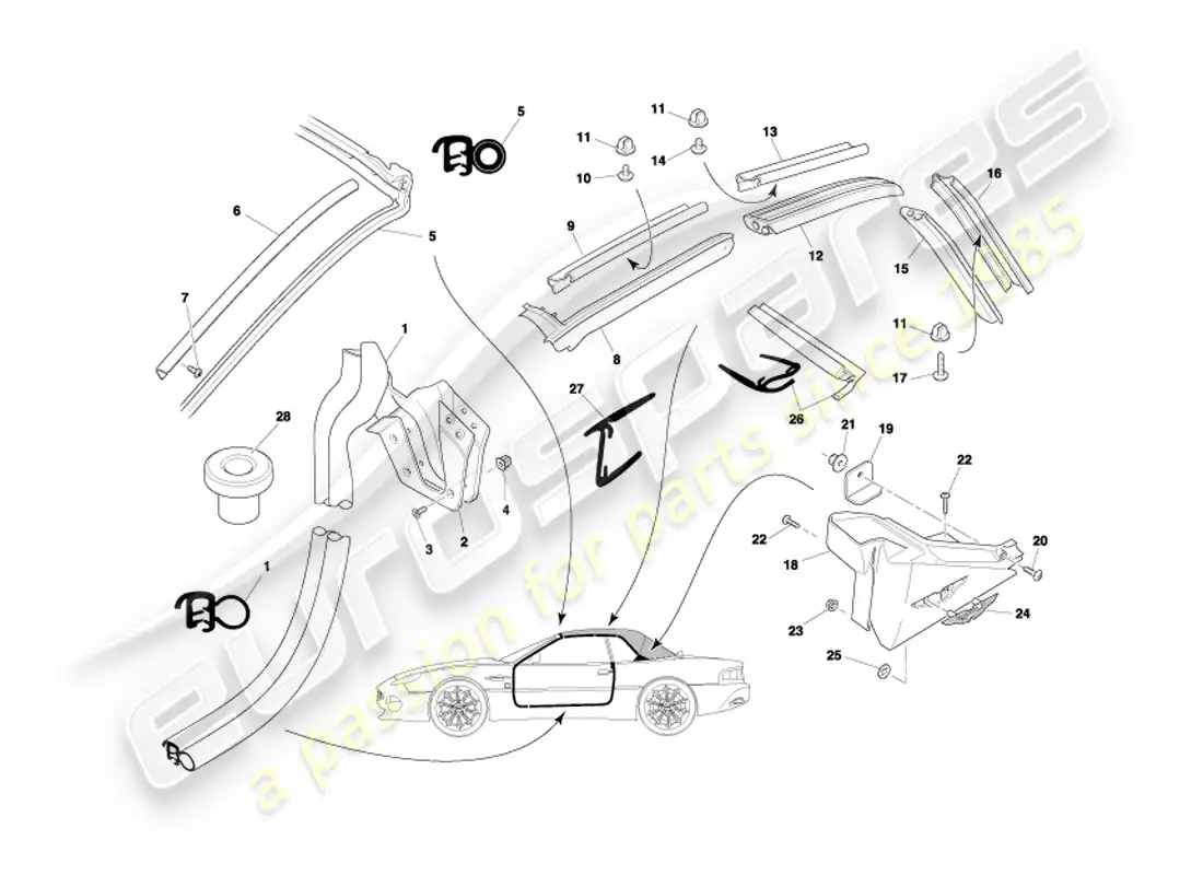 aston martin db7 vantage (2003) diagrama de piezas de sellos de techo y puertas volante