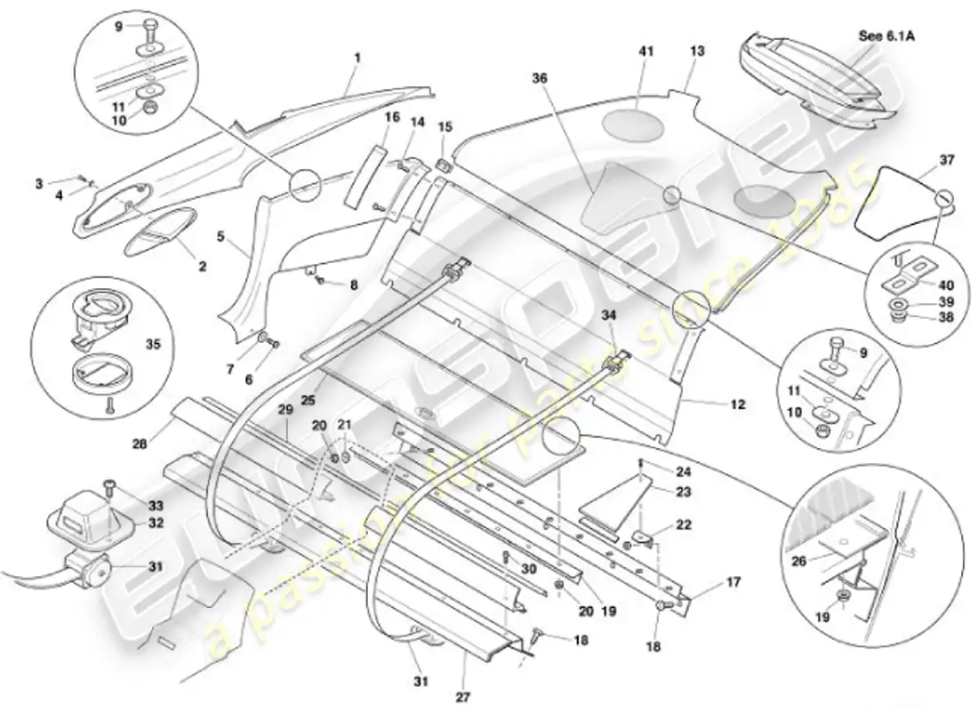 aston martin vanquish (2001) adorno trasero, diagrama de piezas 2+0