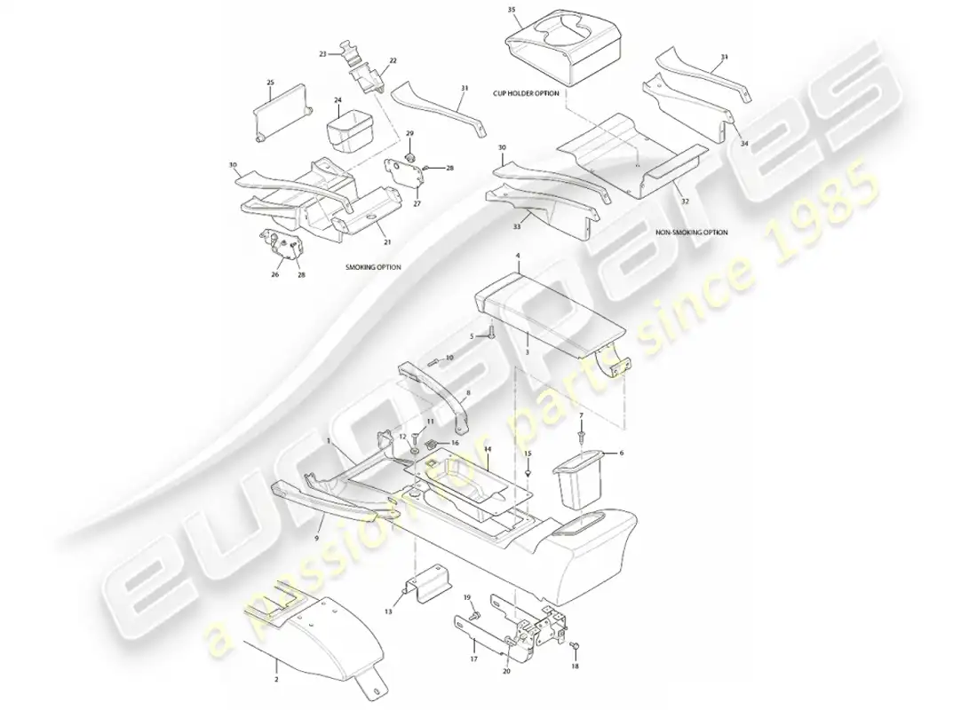 aston martin vanquish (2001) diagrama de piezas de moldura y consola central