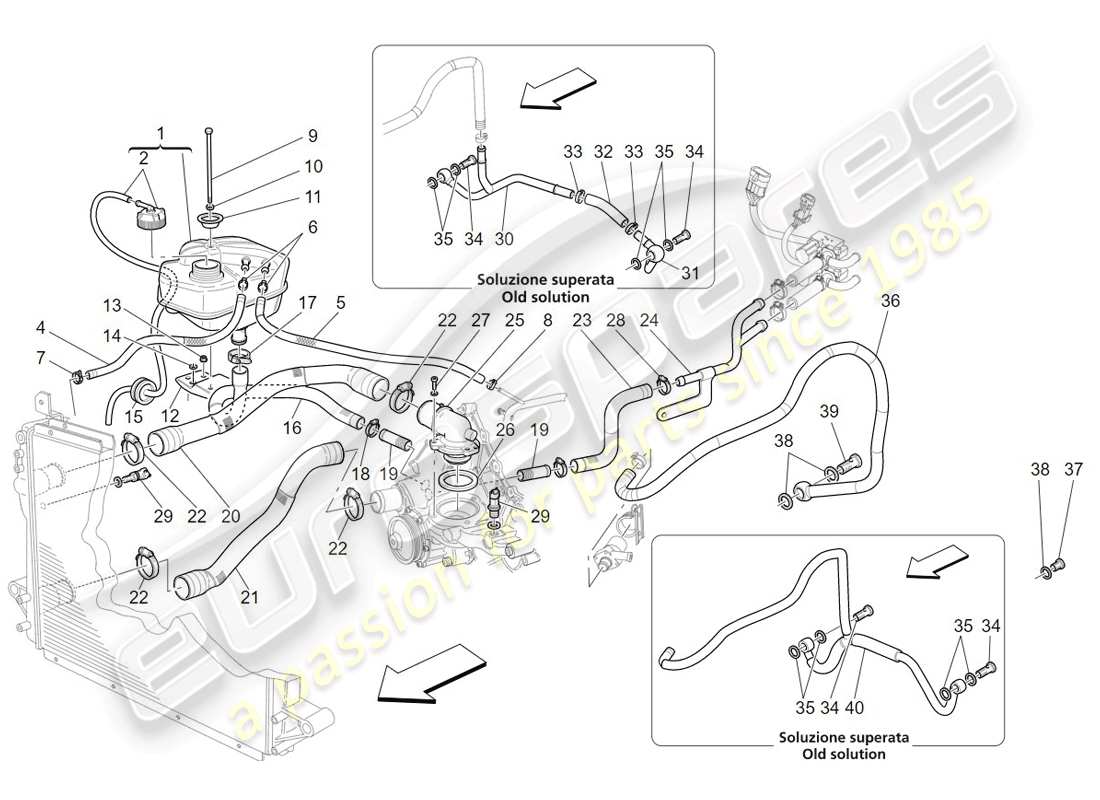 maserati granturismo (2009) sistema de enfriamiento: nourice y líneas diagrama de piezas
