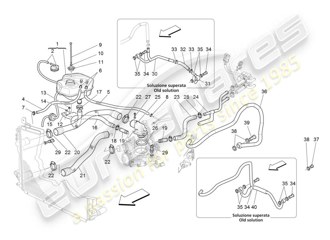 maserati granturismo (2008) sistema de refrigeración: diagrama de piezas de nourice y líneas