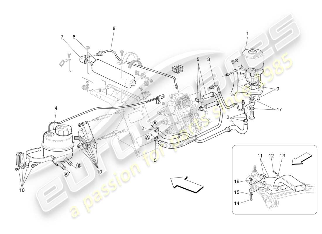 maserati granturismo s (2016) sistema hidráulico de activación de la caja de cambios: diagrama de piezas del tanque y la bomba