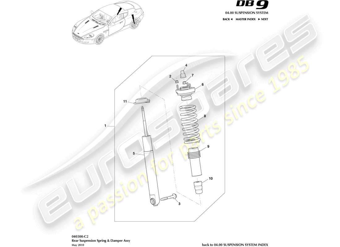 aston martin db9 (2006) resorte y amortiguador traseros, a 09my diagrama de piezas