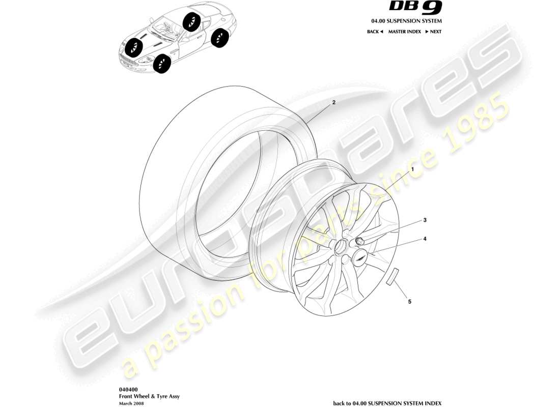 aston martin db9 (2005) diagrama de piezas de ruedas y neumáticos