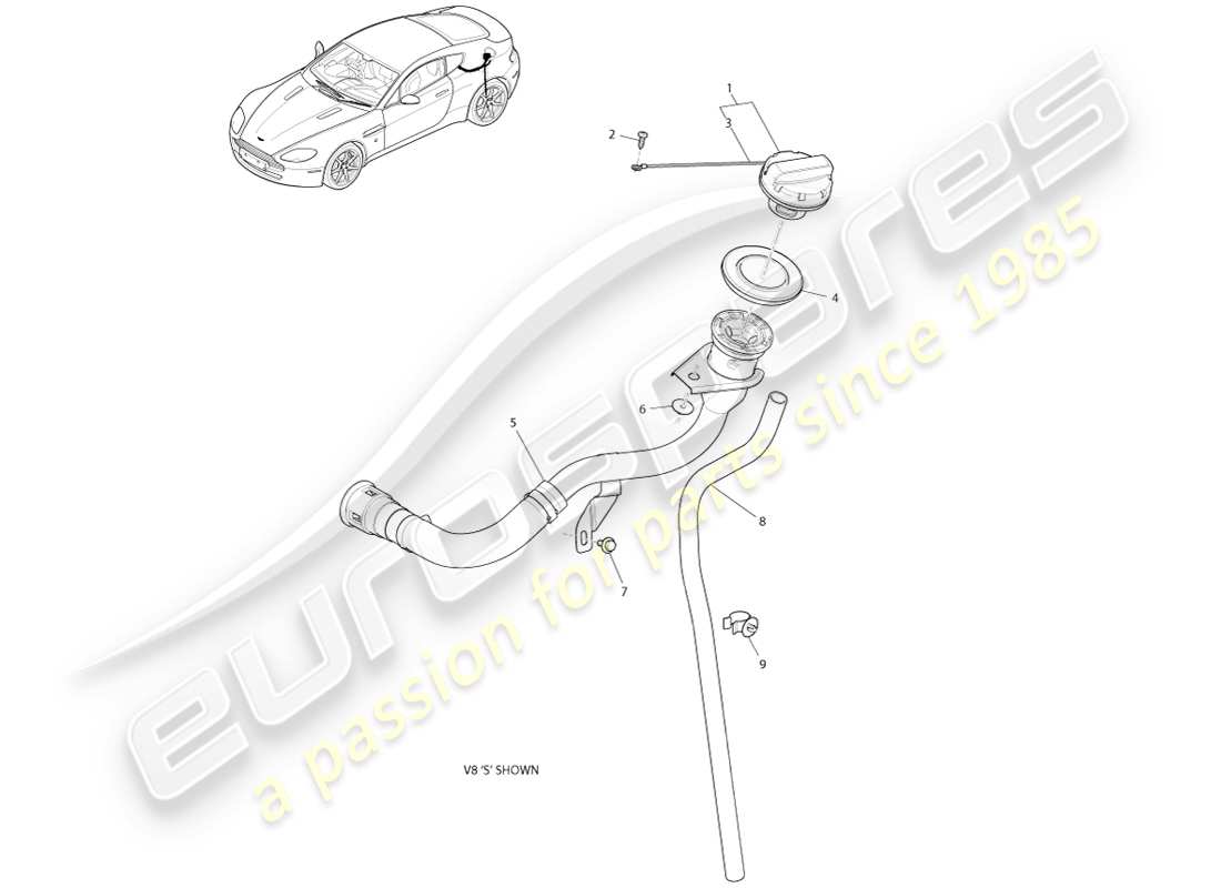 aston martin v8 vantage (2007) diagrama de piezas de la tubería y la tapa de llenado de combustible
