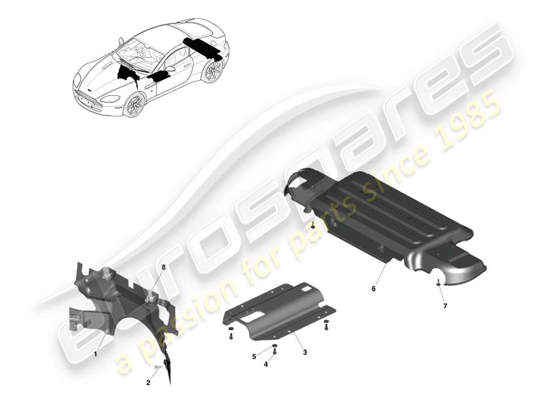 aston martin v8 vantage (2005) diagrama de piezas de escudos térmicos