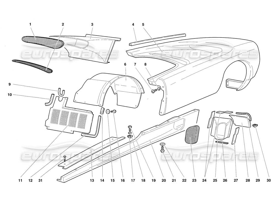 lamborghini diablo sv (1998) elementos de la carrocería: flanco izquierdo diagrama de piezas