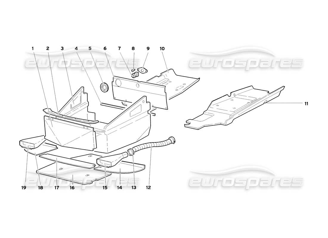 lamborghini diablo sv (1999) diagrama de piezas de los paneles de piso del marco