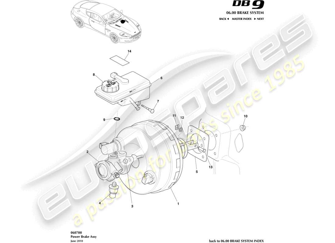 aston martin db9 (2008) diagrama de piezas del conjunto del freno de potencia