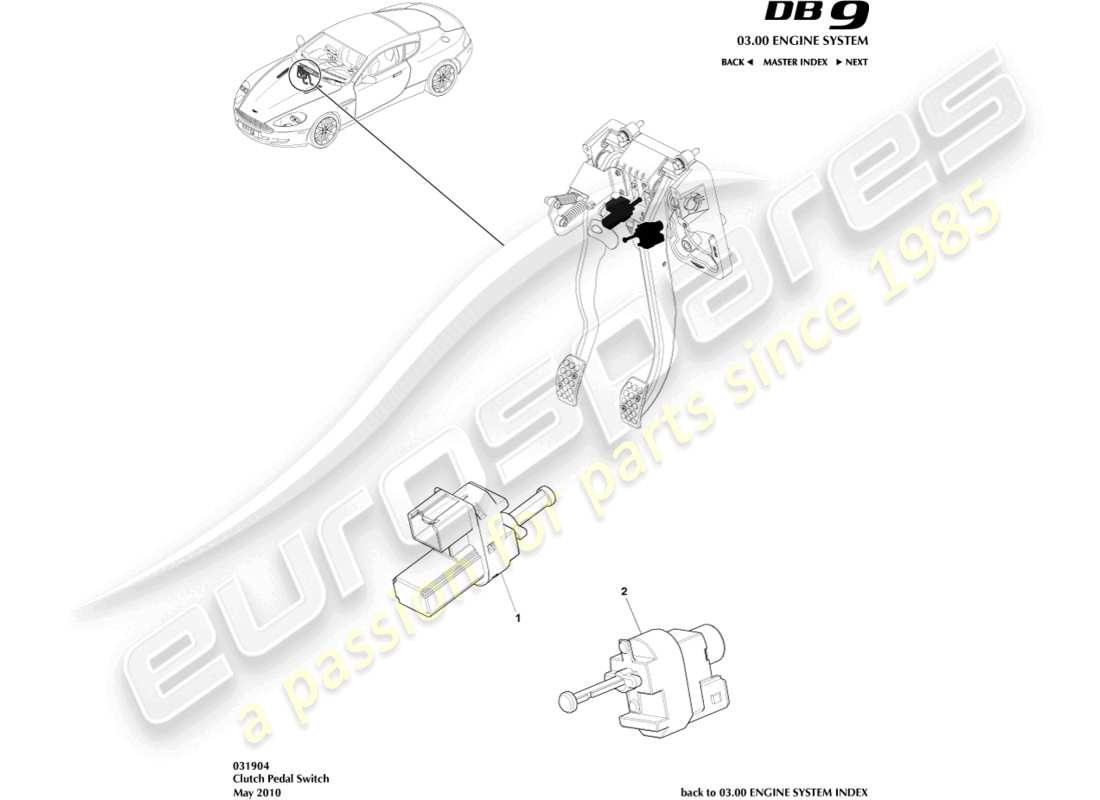 aston martin db9 (2008) diagrama de piezas del interruptor del pedal del embrague