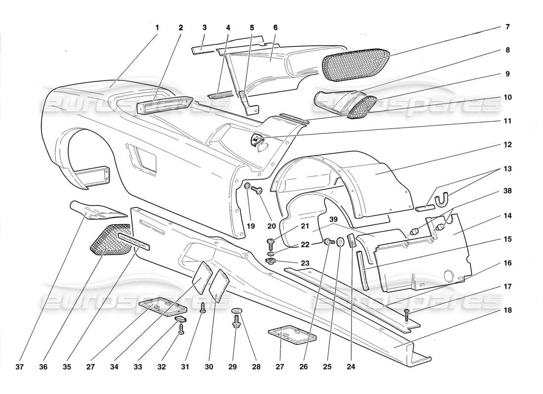 lamborghini diablo roadster (1998) elementos de coque - flanco derecho diagrama de piezas