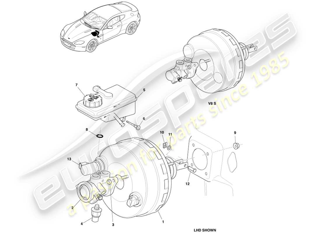 aston martin v8 vantage (2005) diagrama de piezas del conjunto del freno de potencia
