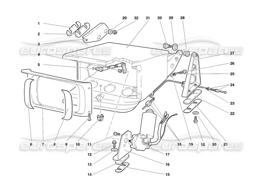 lamborghini diablo sv (1998) diagrama de piezas del sistema de elevación de faros delanteros