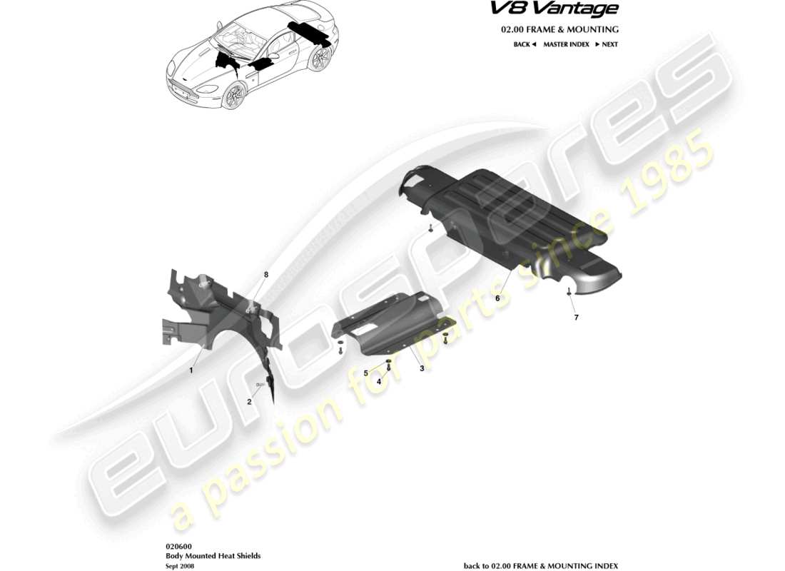 aston martin v8 vantage (2006) diagrama de piezas de escudos térmicos