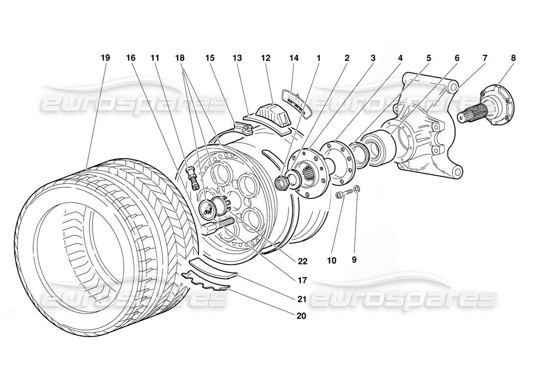 lamborghini diablo (1991) diagrama de piezas del portabujes y rueda trasera