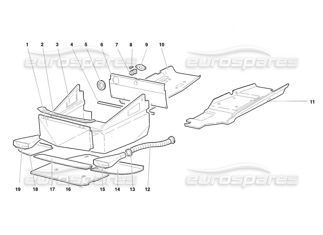 lamborghini diablo sv (1998) diagrama de piezas de los paneles de piso del marco