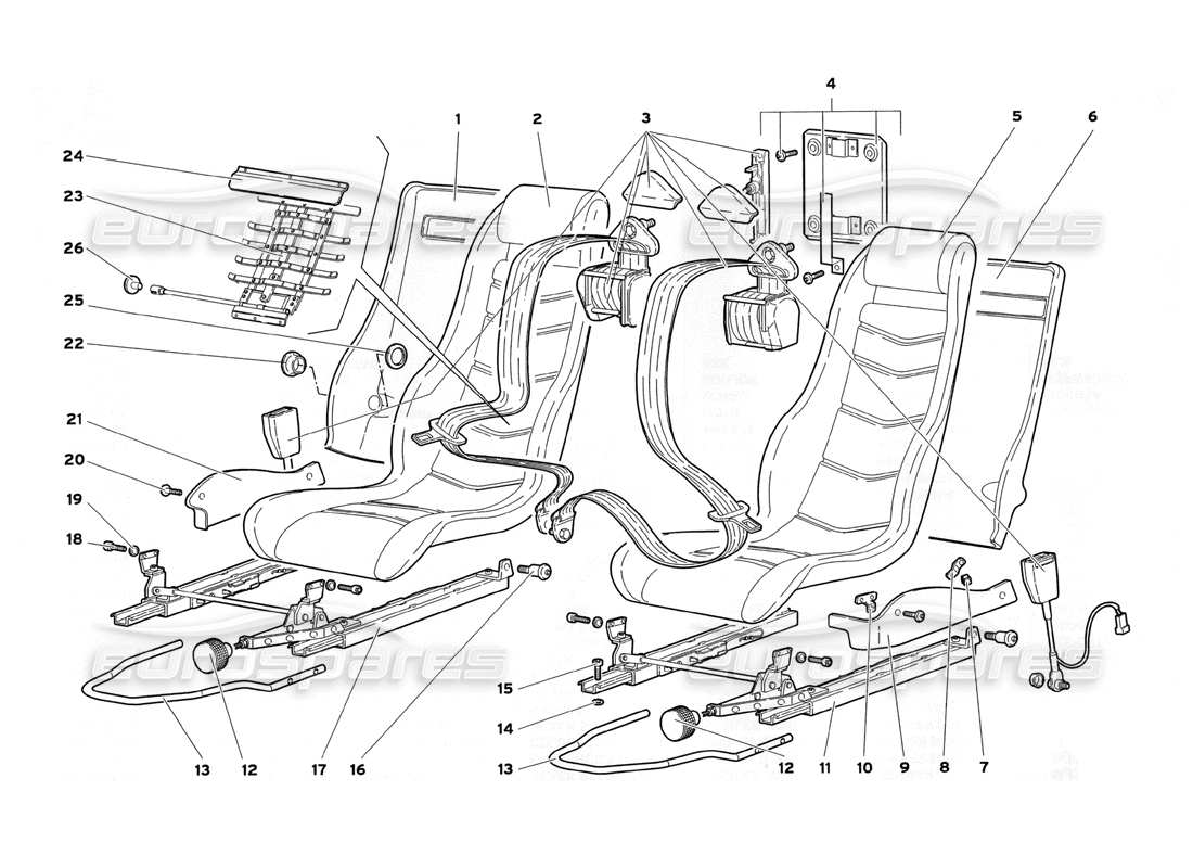 lamborghini diablo sv (1999) diagrama de piezas de asientos y cinturones de seguridad