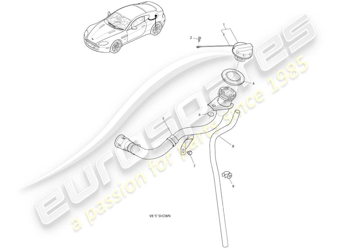 aston martin v8 vantage (2005) diagrama de piezas de la tubería y la tapa de llenado de combustible