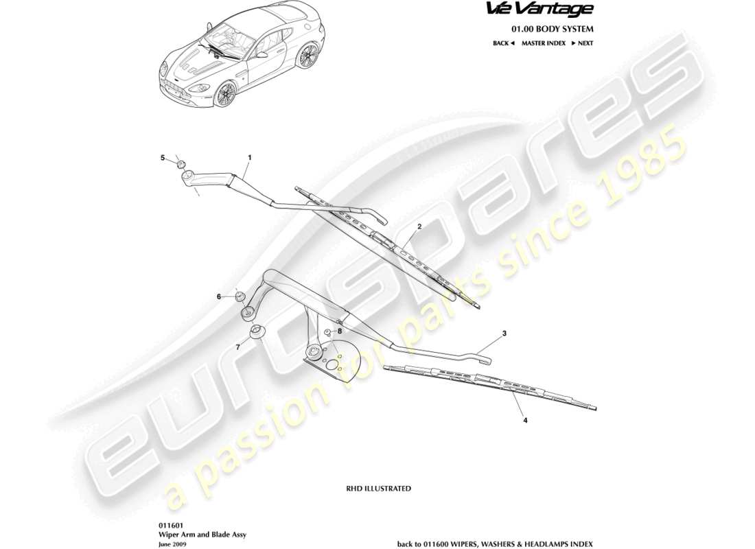 aston martin v12 vantage (2010) diagrama de piezas del conjunto de la escobilla del limpiaparabrisas
