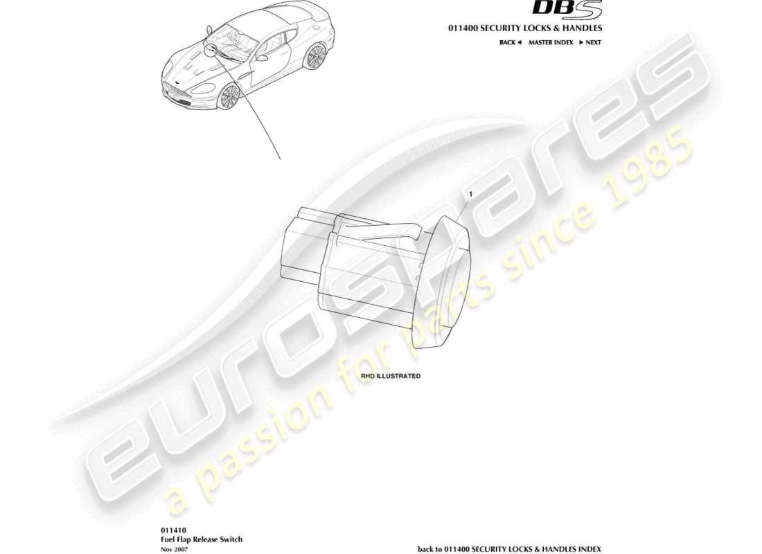aston martin dbs (2008) fuel filler release switch diagrama de piezas