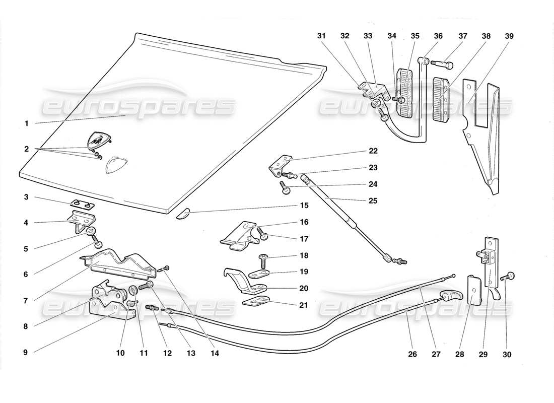lamborghini diablo roadster (1998) diagrama de piezas del capó delantero
