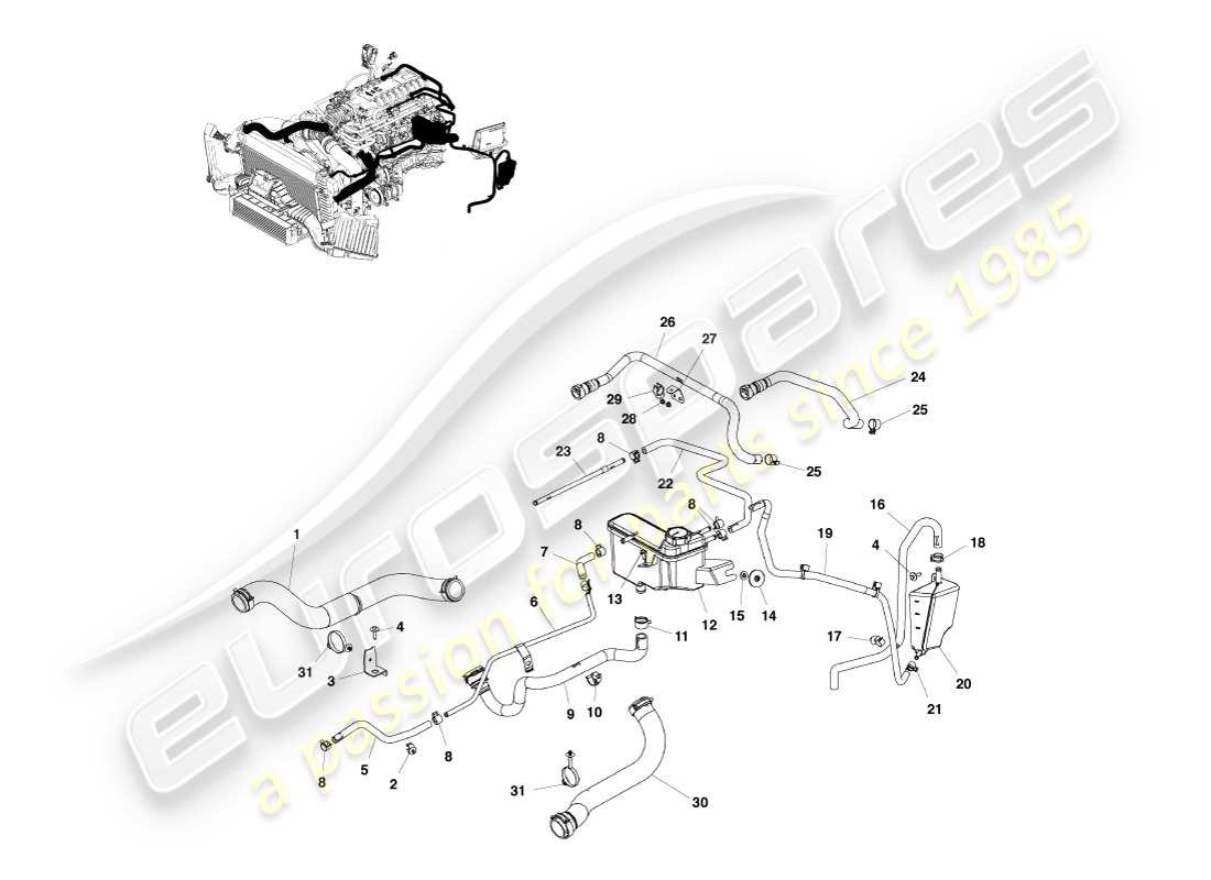 aston martin v8 vantage (2007) diagrama de piezas del depósito y mangueras de refrigerante