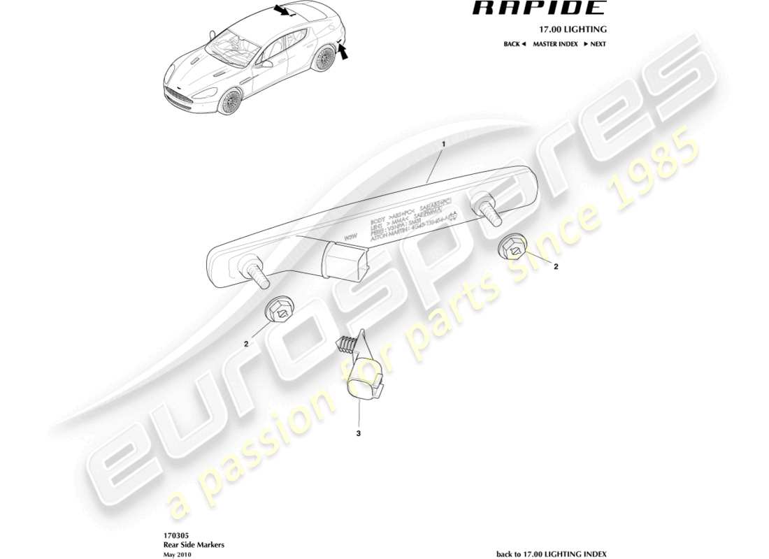 aston martin rapide (2014) diagrama de piezas de los marcadores laterales traseros