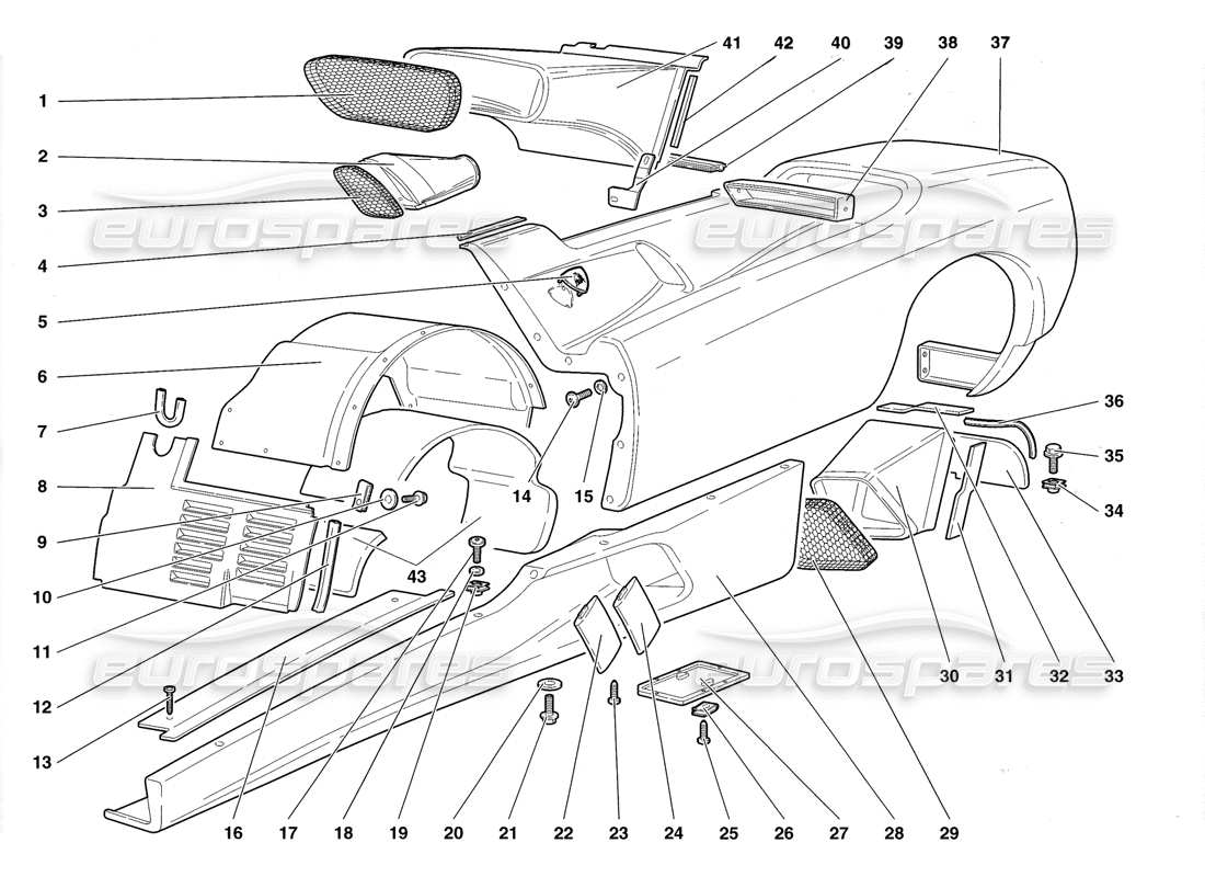 lamborghini diablo roadster (1998) elementos de coque - flanco izquierdo diagrama de piezas