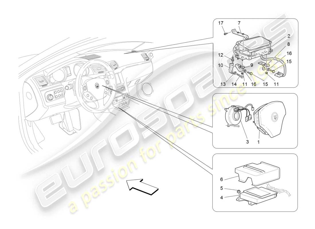 maserati granturismo (2008) diagrama de piezas del sistema de airbag delantero