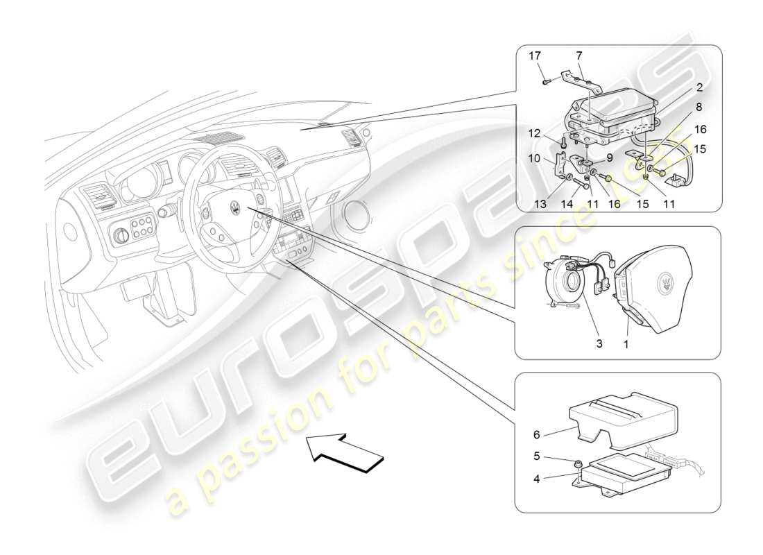 maserati granturismo (2008) sistema de airbag delantero diagrama de piezas