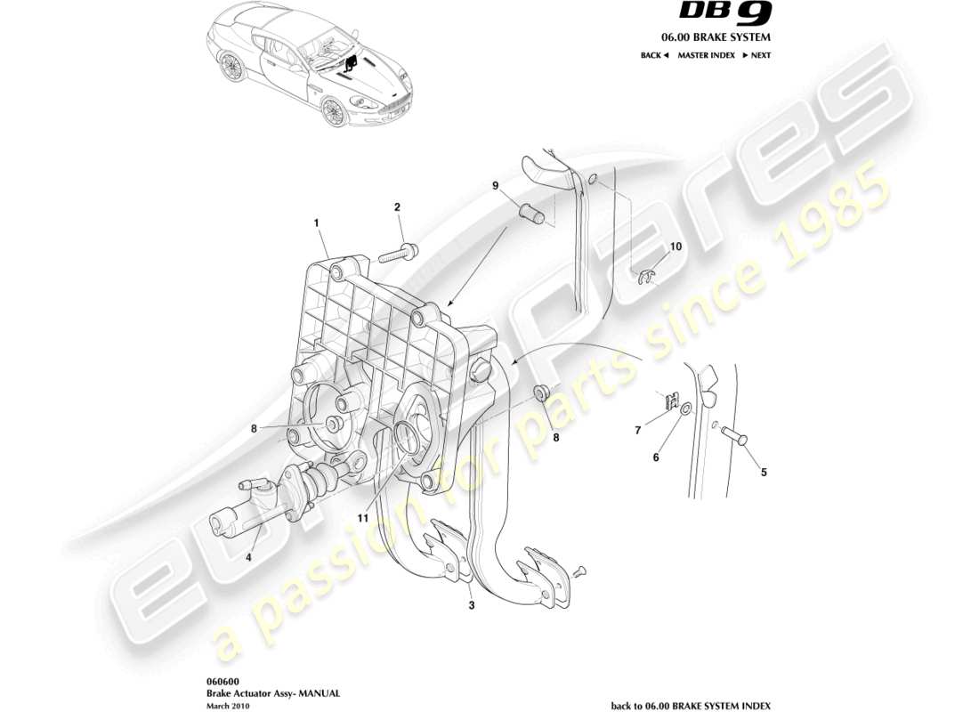 aston martin db9 (2006) conjunto del actuador de freno, diagrama de piezas del manual