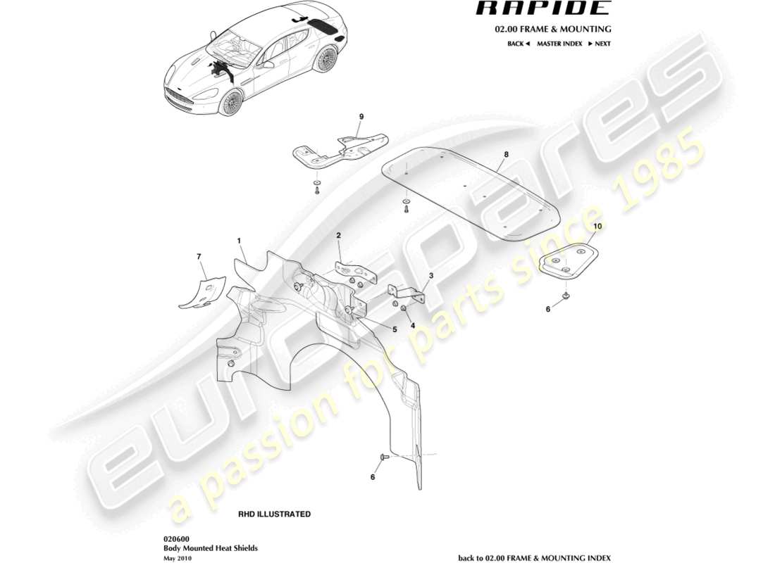 aston martin rapide (2016) escudos térmicos diagrama de piezas