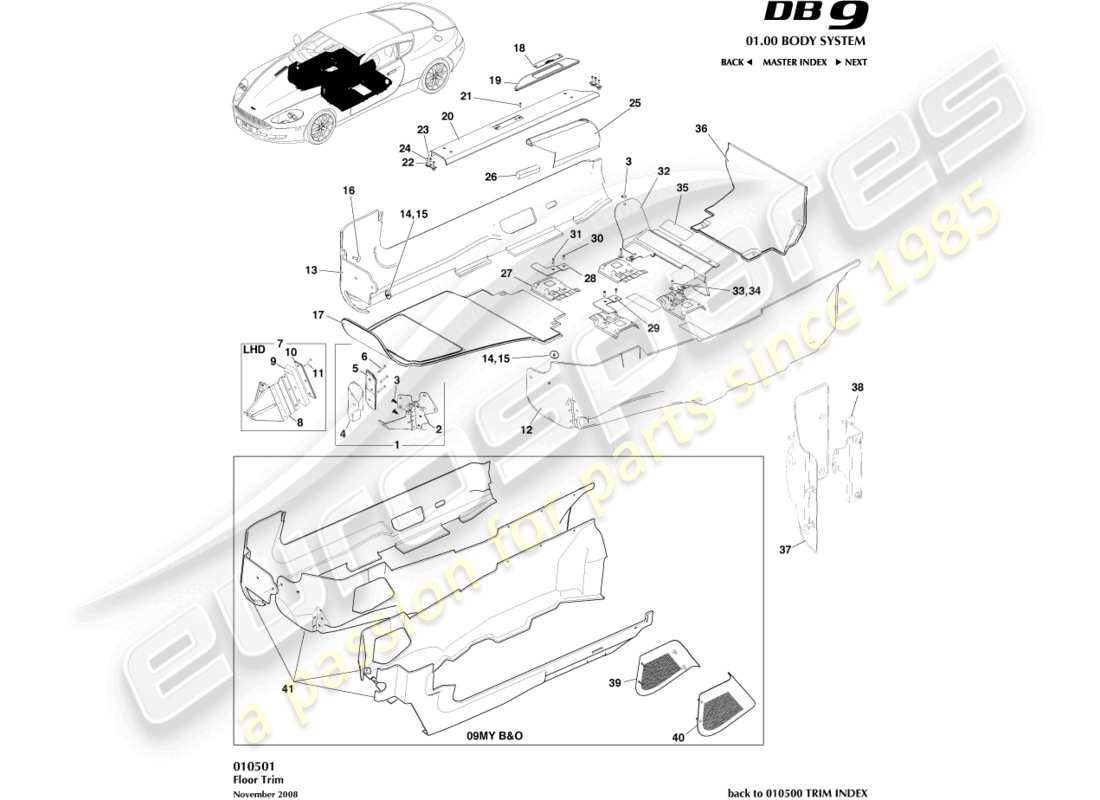 aston martin db9 (2008) diagrama de piezas de molduras de piso