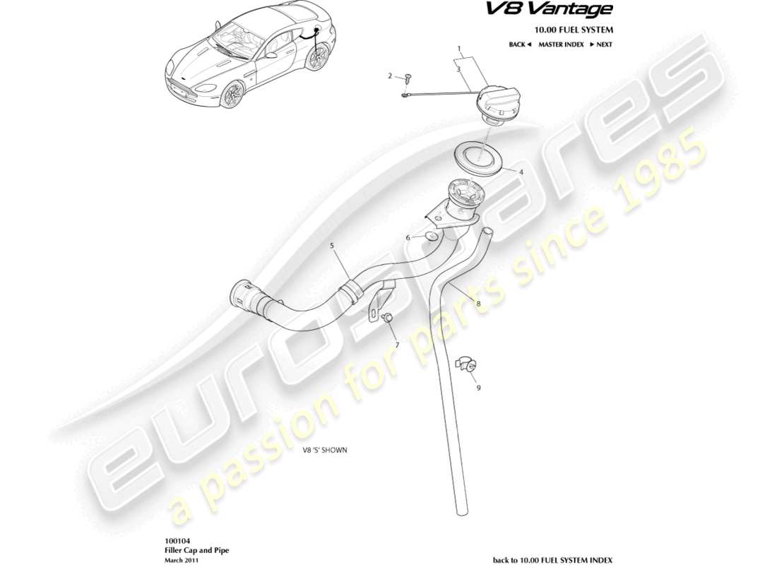 aston martin v8 vantage (2012) diagrama de piezas de la tubería y la tapa de llenado de combustible