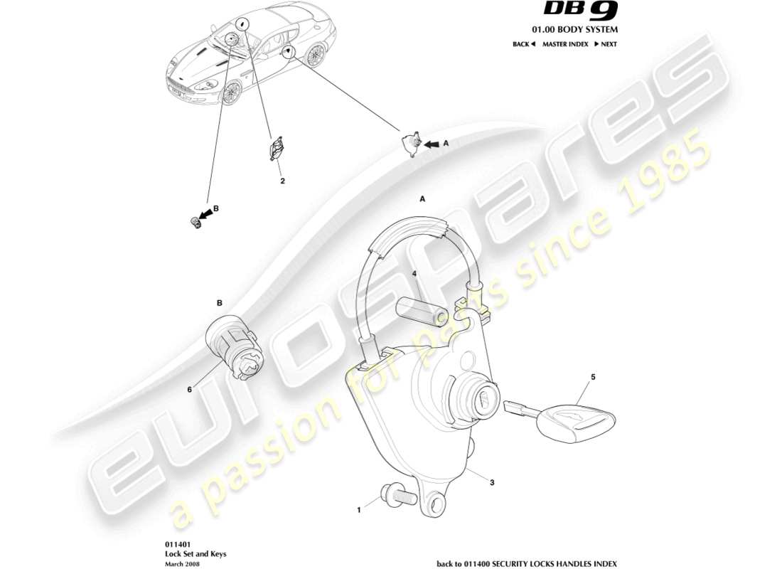 aston martin db9 (2008) diagrama de piezas del juego de cerraduras y llaves