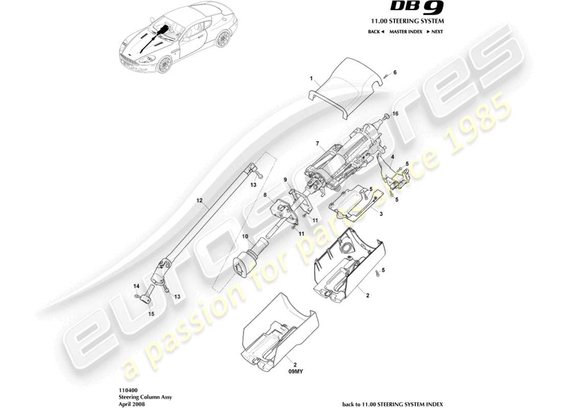aston martin db9 (2008) diagrama de piezas del conjunto de la columna de dirección