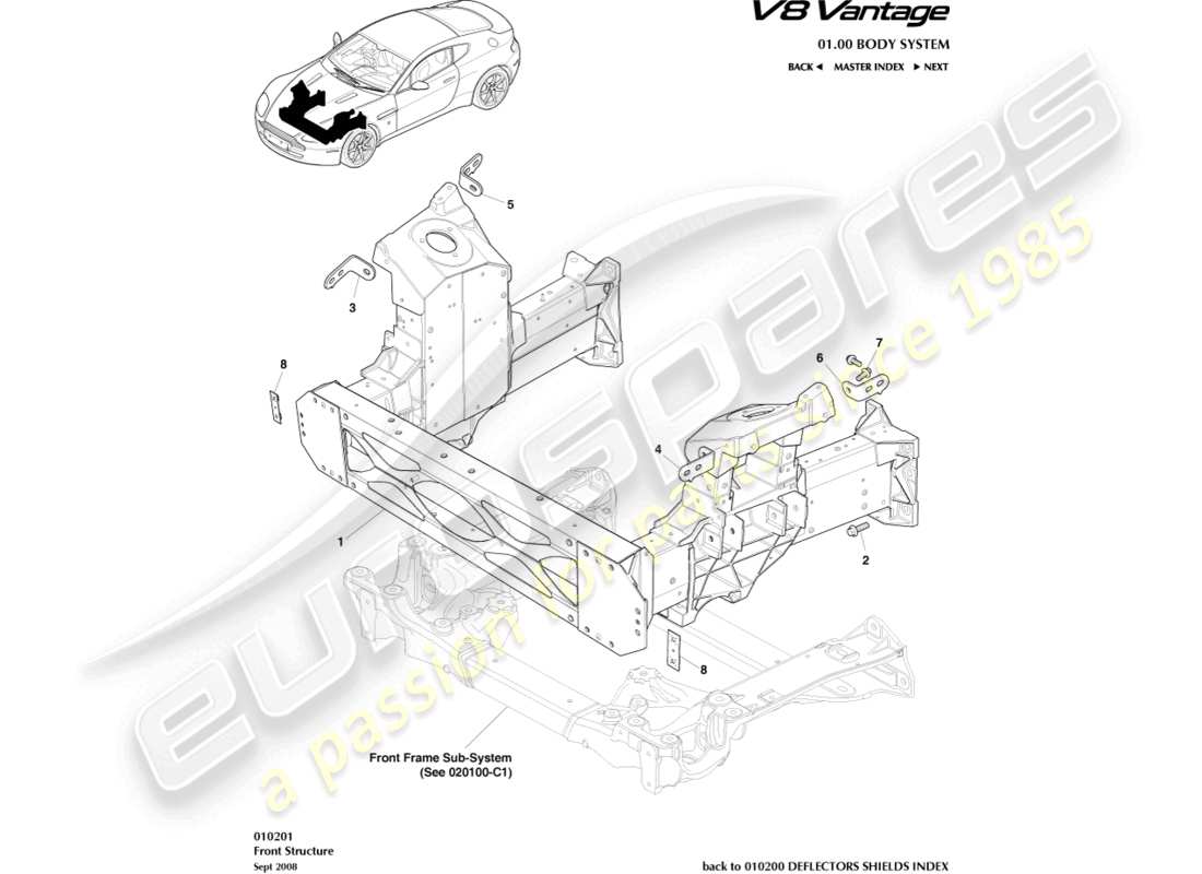 aston martin v8 vantage (2006) diagrama de piezas de la estructura frontal