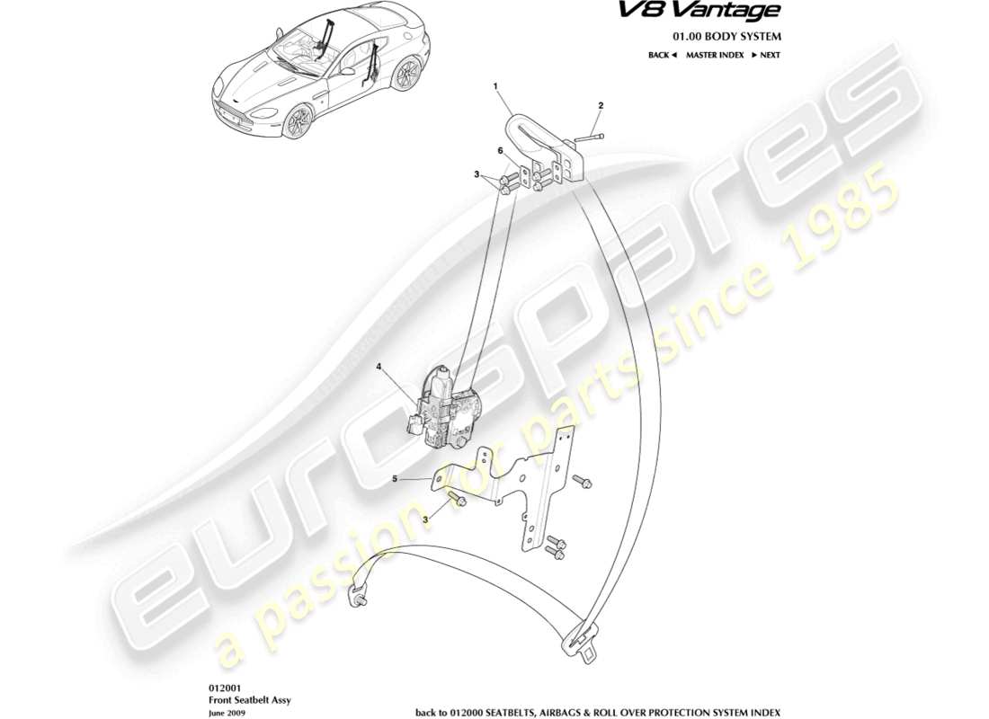aston martin v8 vantage (2006) diagrama de piezas de los cinturones de seguridad delanteros