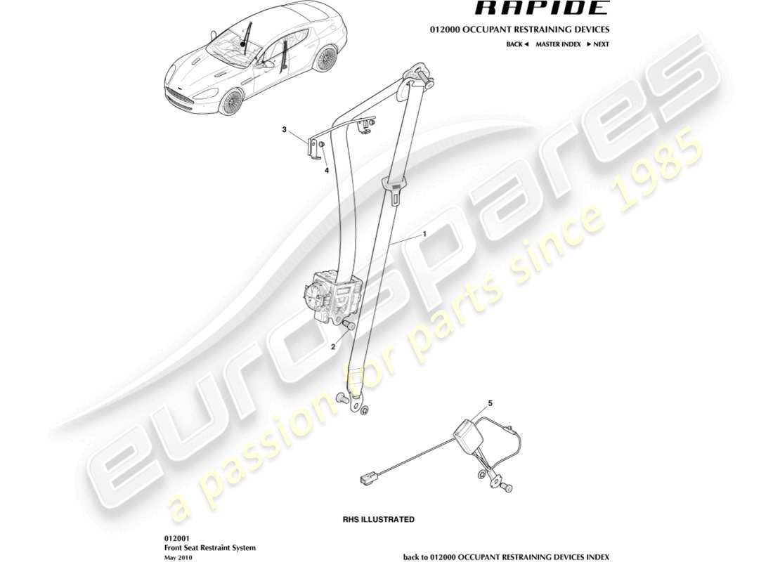 aston martin rapide (2013) cinturones de seguridad delanteros diagrama de piezas