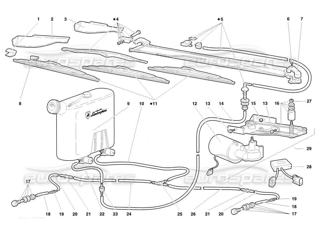 lamborghini diablo sv (1998) diagrama de piezas del limpiaparabrisas y lavafaros