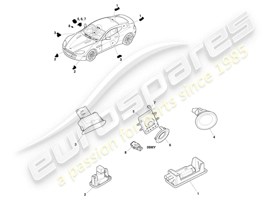 aston martin v8 vantage (2005) diagrama de piezas de iluminación de cortesía