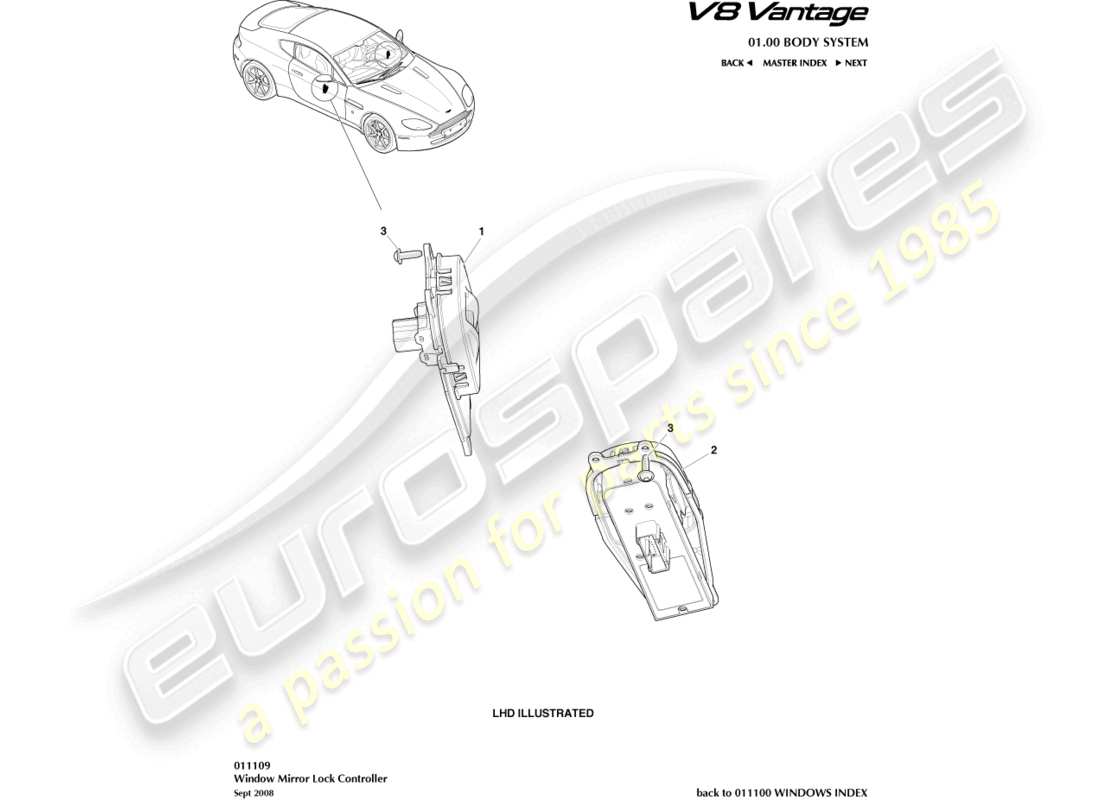 aston martin v8 vantage (2018) diagrama de piezas del controlador de bloqueo de ventana/espejo