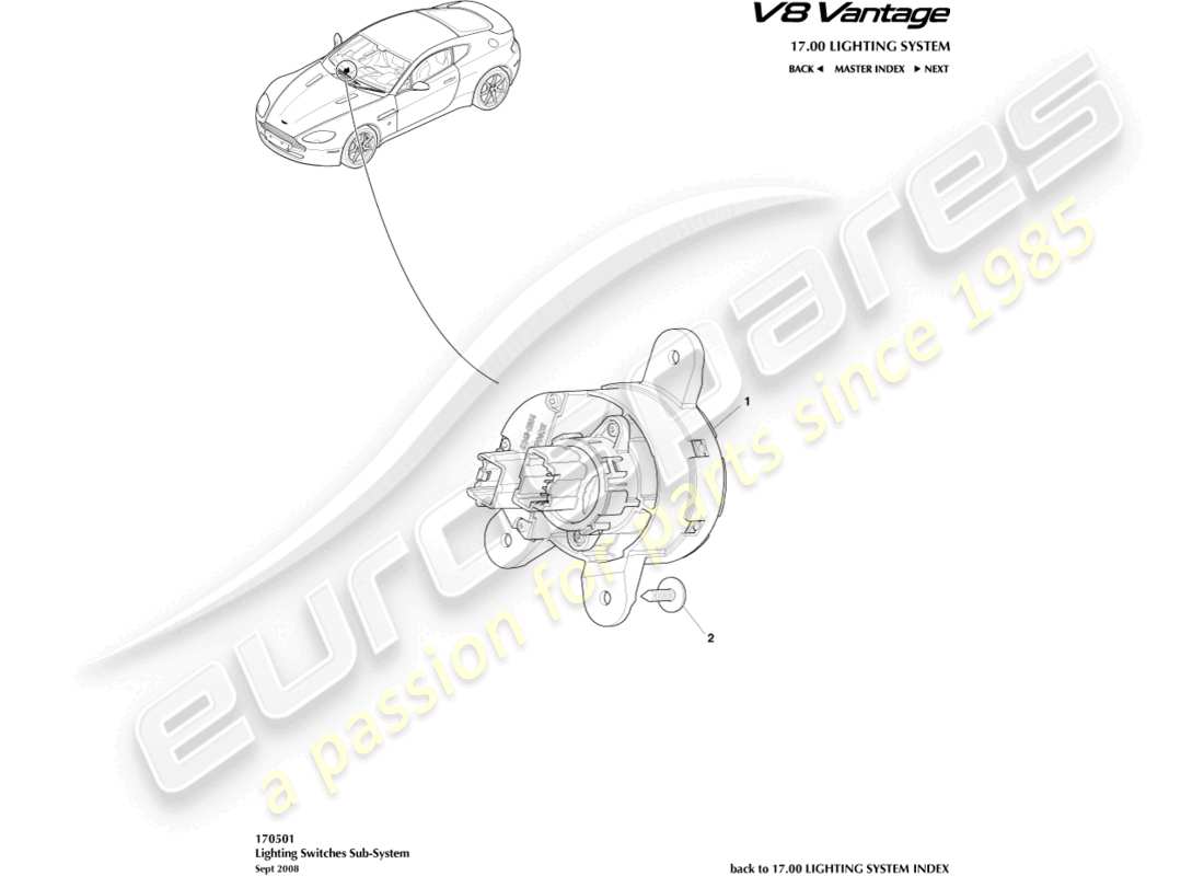 aston martin v8 vantage (2010) diagrama de piezas del interruptor de iluminación