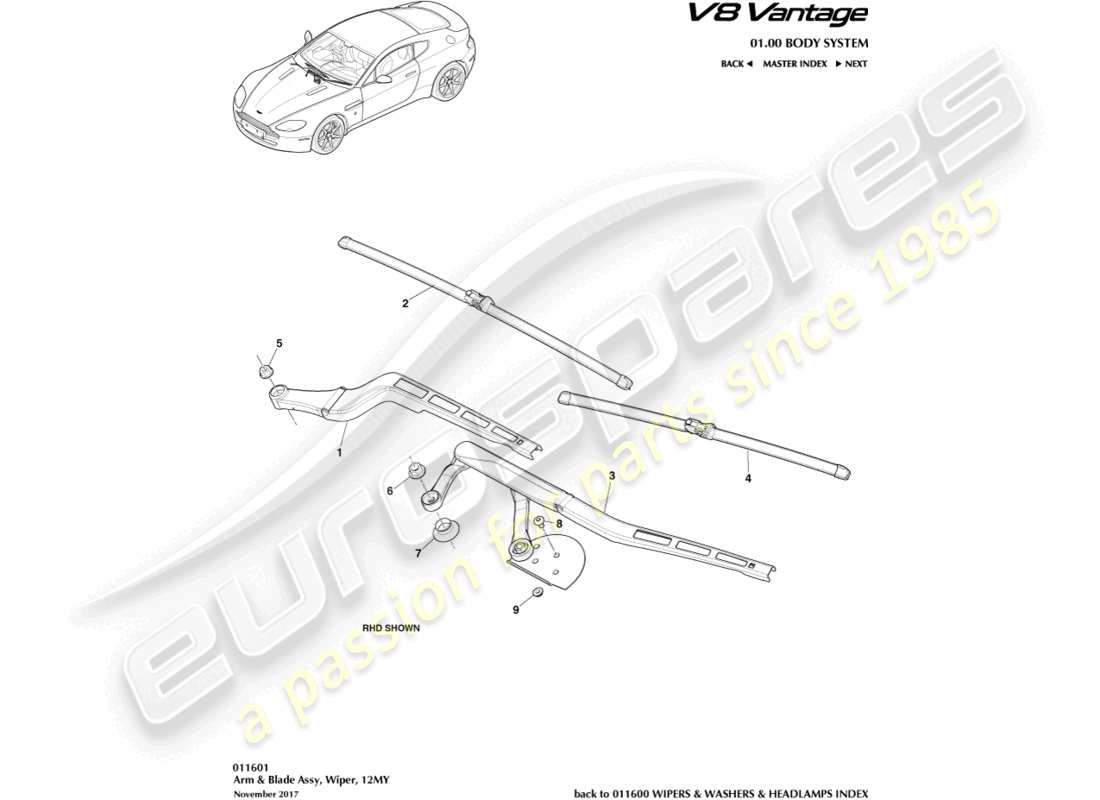 aston martin v8 vantage (2006) conjunto de escobilla de limpiaparabrisas, 12my diagrama de piezas