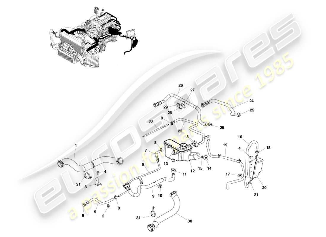 aston martin v8 vantage (2005) diagrama de piezas del depósito y mangueras de refrigerante