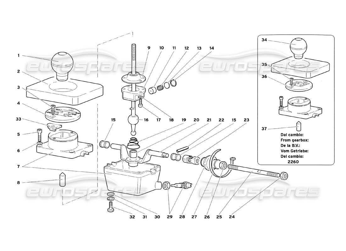 lamborghini diablo sv (1999) varillas de cambio de caja de cambios diagrama de piezas