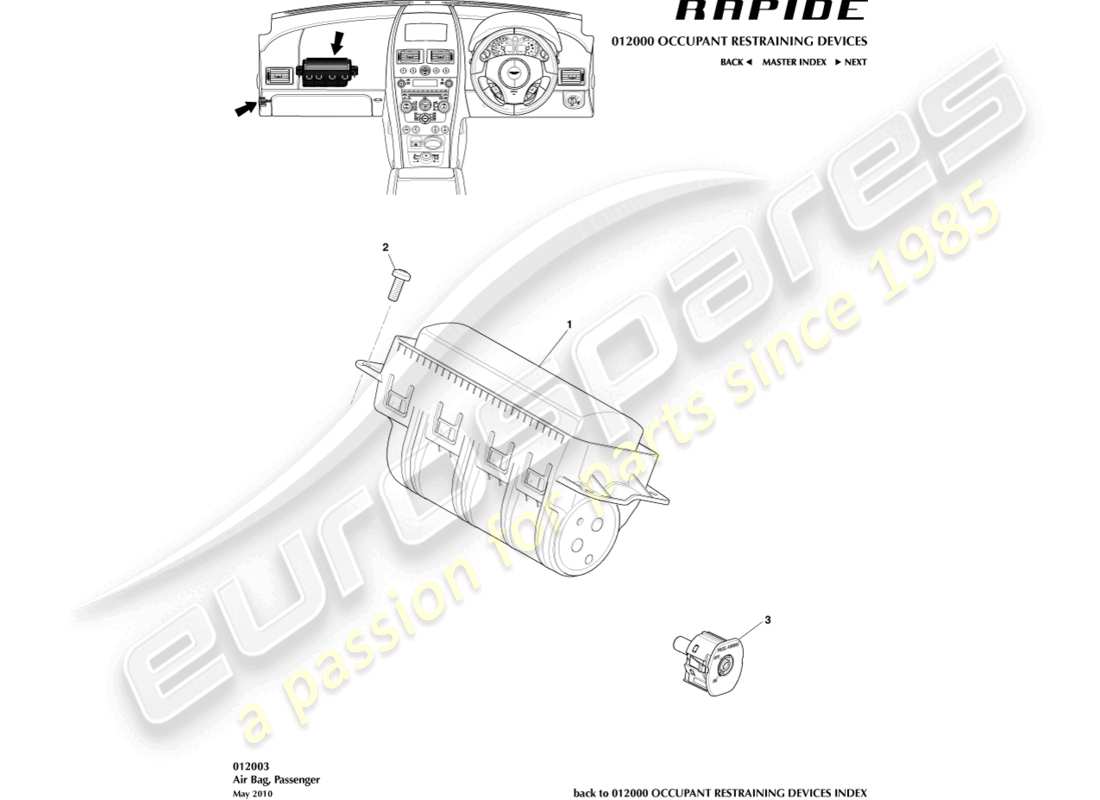 aston martin rapide (2018) airbag, diagrama de piezas del pasajero